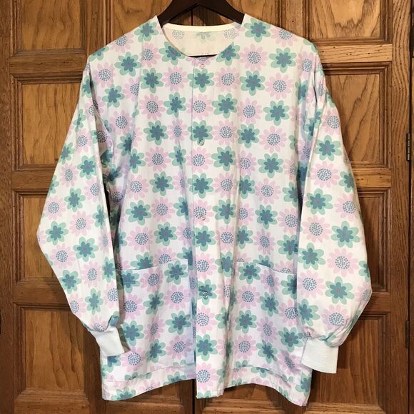Floral Long Sleeve Snap Up Jacket Top Women's M Cotton Blend Scrubs 2 Pockets - Picture 1 of 10